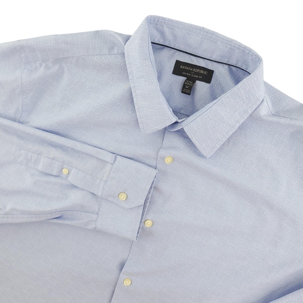 Banana Republic Dress Shirt Mens 18.5 36/37 Blue Geometric Classic Fit Non Iron